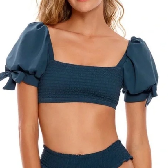 Agua Bendita Blue Green Smocked Crop Blouse Swim Top 3XL NWT - Picture 1 of 5